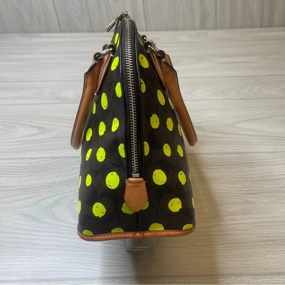 Coach Cora Dome Satchel Purse Signature Canvas Neon Yellow Dots w/Leather Trim - Picture 12 of 15